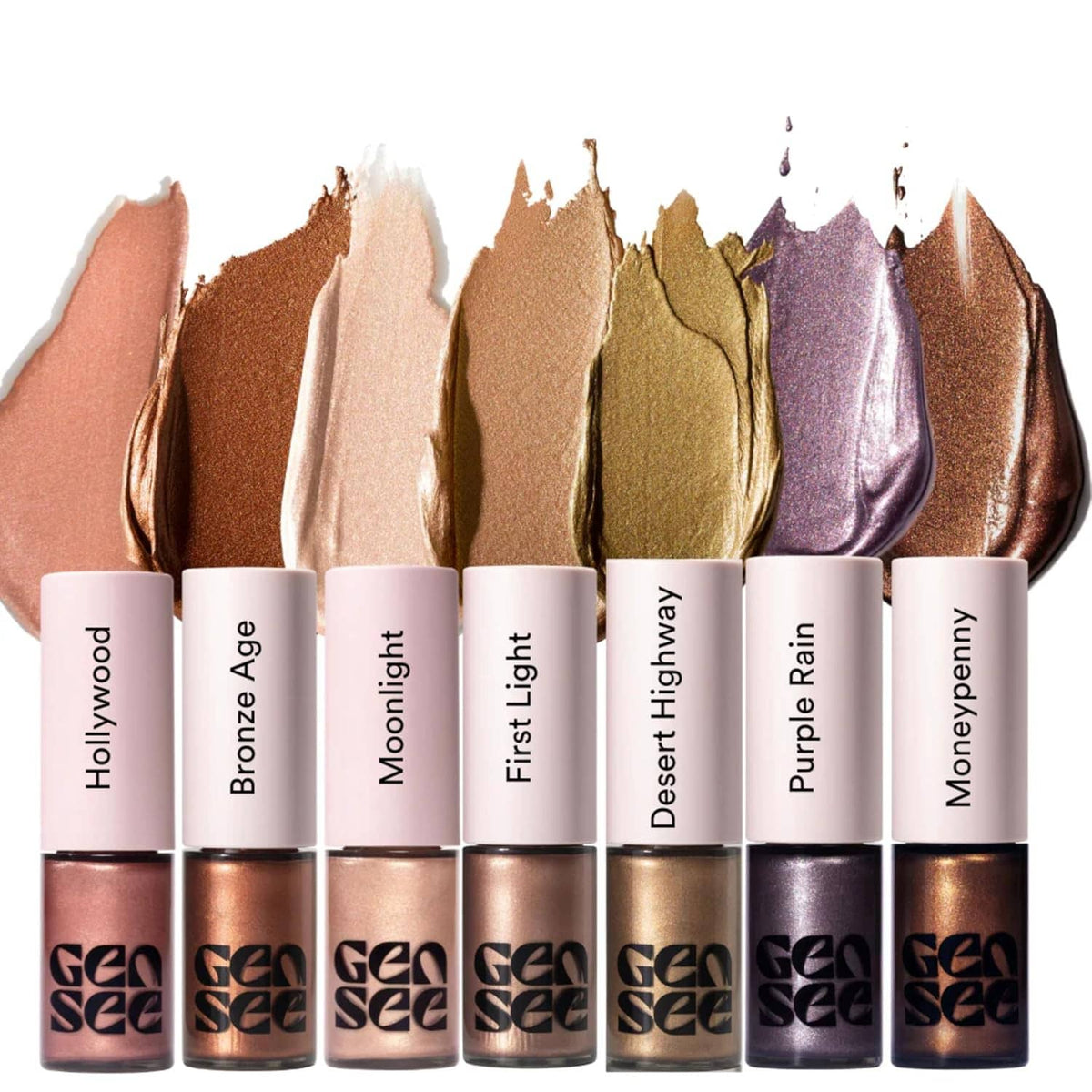 Set of metallic liquid eyeshadow tubes with multiple shimmer shades and applicator wands