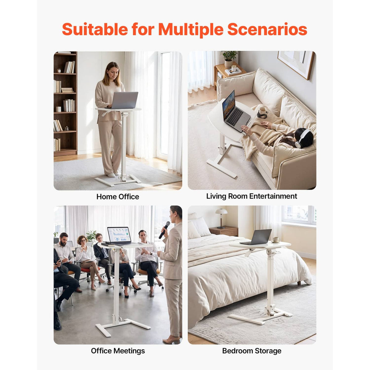 Adjustable height standing desk with light tabletop and mobile base for multiple uses
