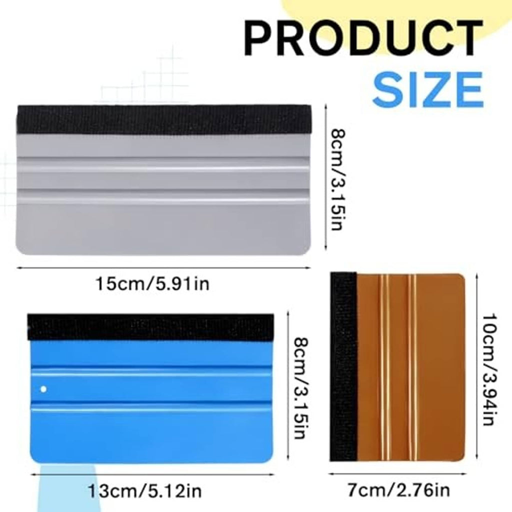 Vinyl wrap squeegee set with three felt-edge pads, shown as different size rectangles