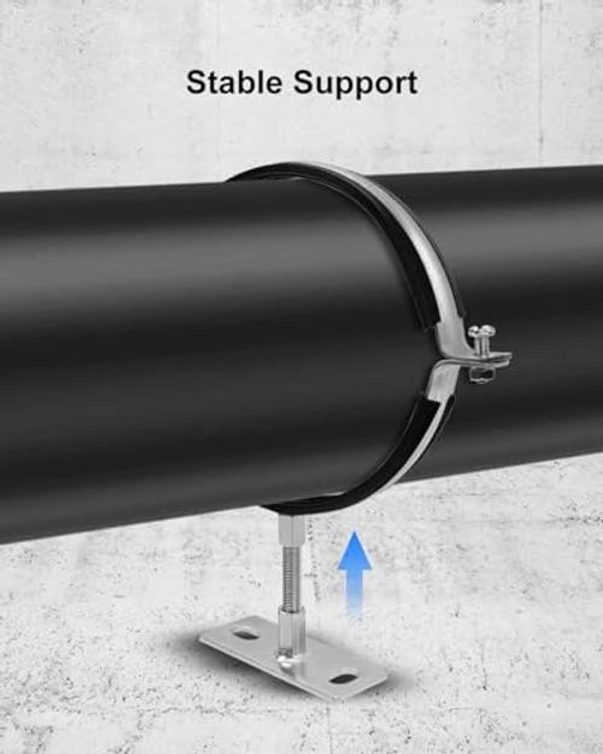 Black split-ring pipe hanger clamp with mounting base plate and threaded support post