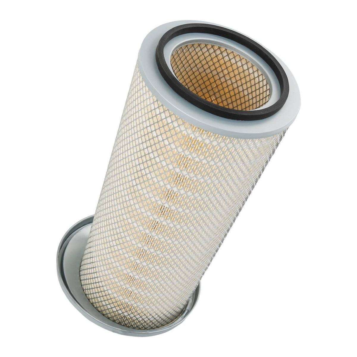 Air filter element angled view showing pleated mesh and black gasket ring