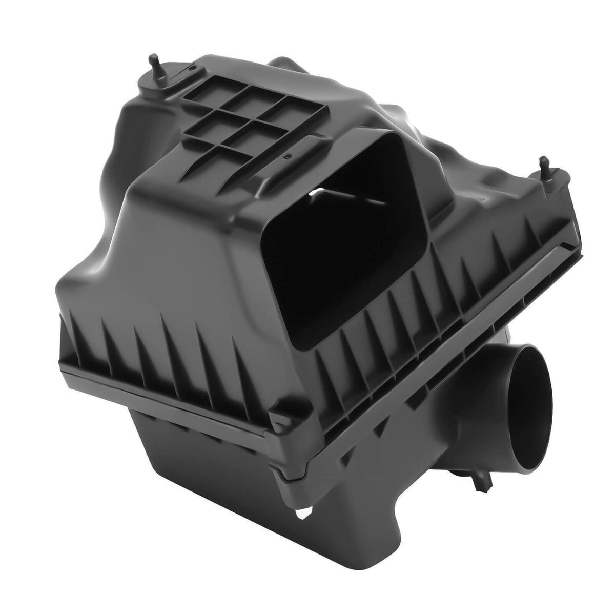 Air cleaner intake housing box, black plastic, top view with rectangular grid and outlet
