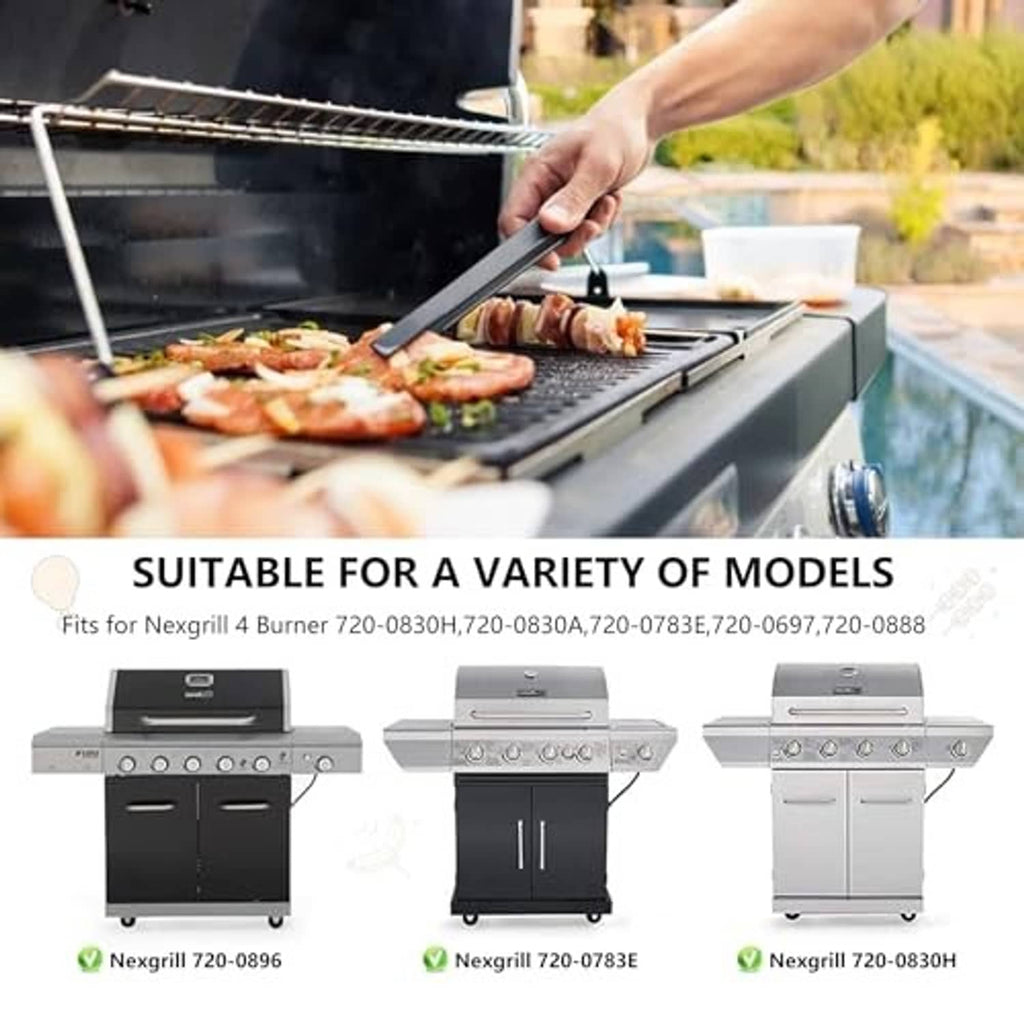 Stainless steel grill grate with food cooking, hand adjusting the rack