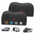 Dual axle RV tire cover pair with rounded dark fabric shells and front logo panels