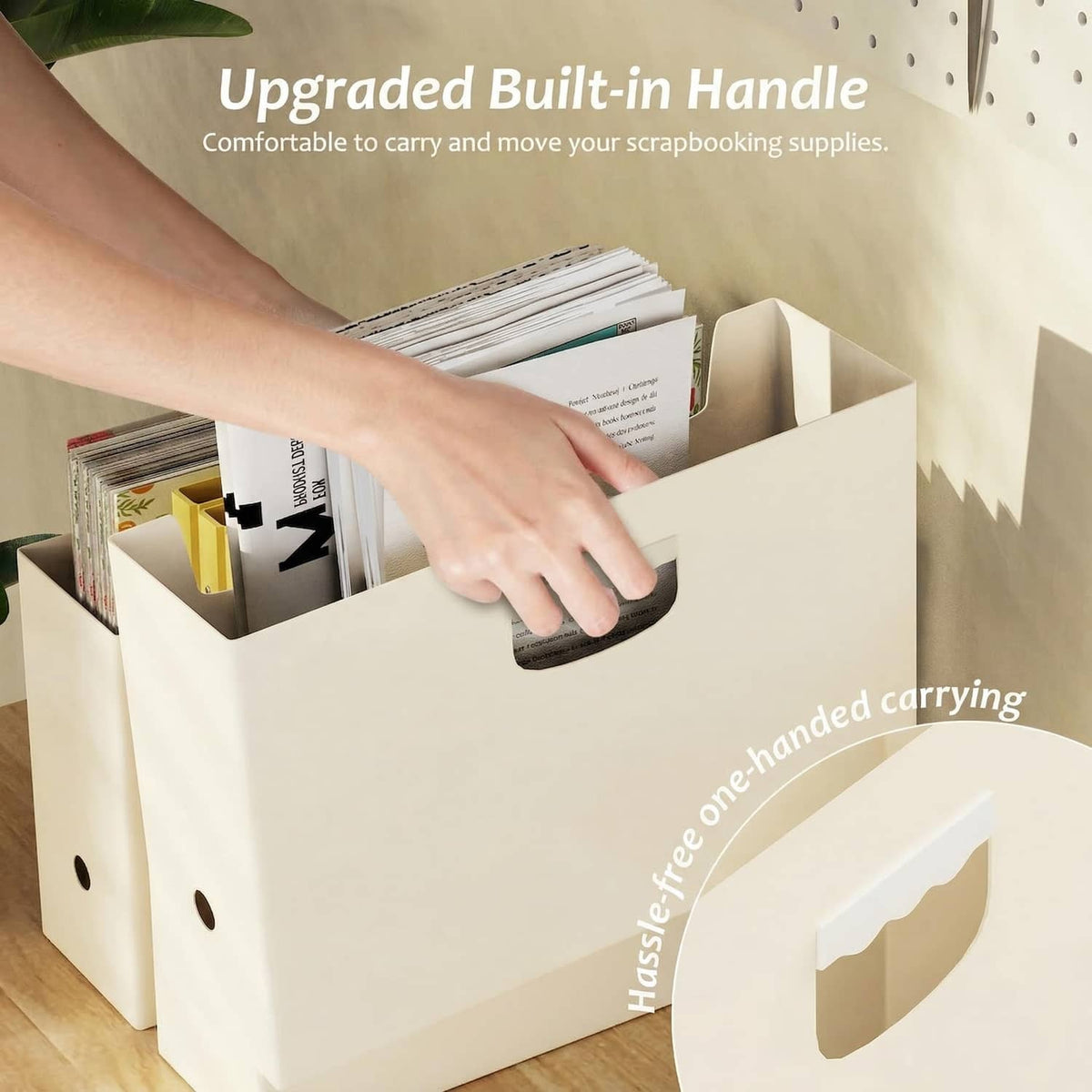Light yellow scrapbook paper storage box with built-in carry handle and paper stacks inside
