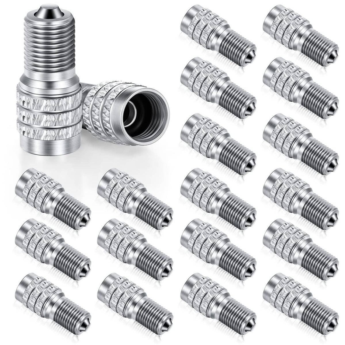 Inflate-through tire valve stem caps, silver metal, double-seal (20-pack set)