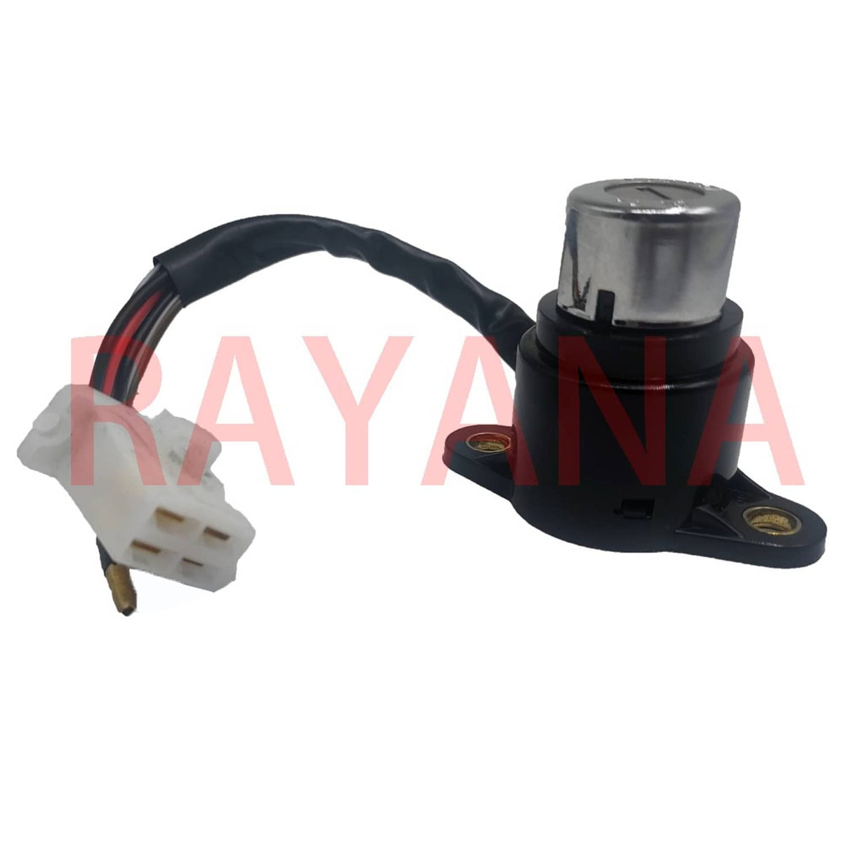 Ignition switch lock with key plug and black mounting plate, metal cylinder top