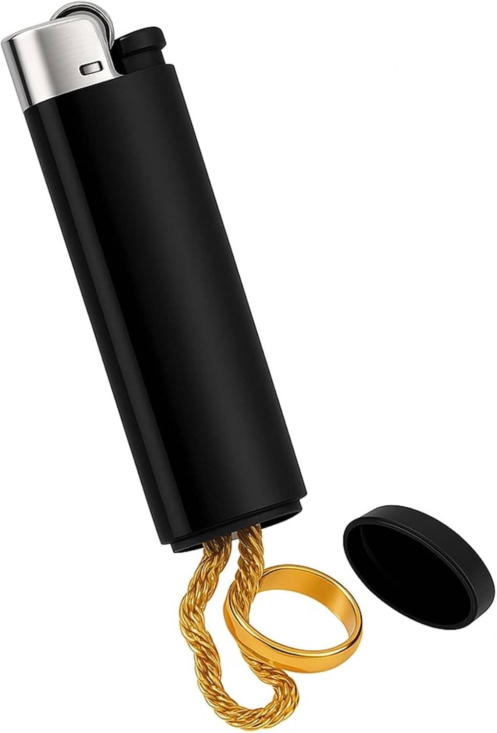 Black diversion lighter with silver top; hidden stash cap open and gold chain loop.