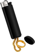 Black diversion lighter with silver top; hidden stash cap open and gold chain loop.