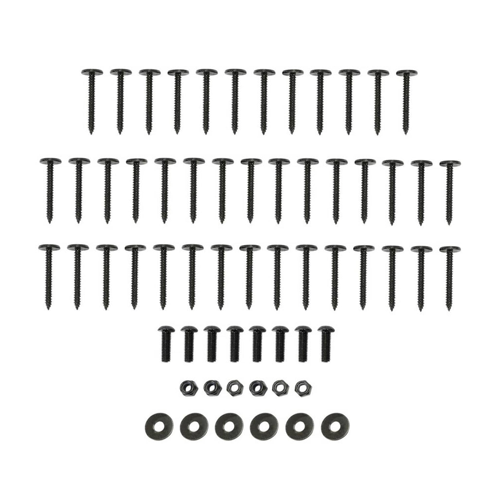 Mounting hardware for extended fender flares: black screws, washers, and bolts