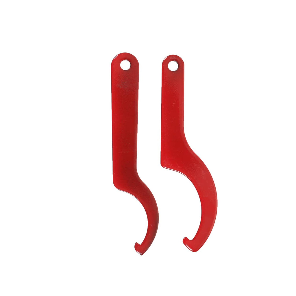 Pair of red metal spring hooks for coilover shock installation