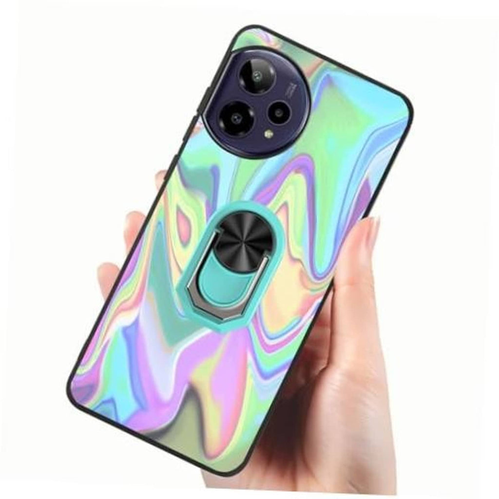 Iridescent wavy phone case with black edges and teal rotating ring stand