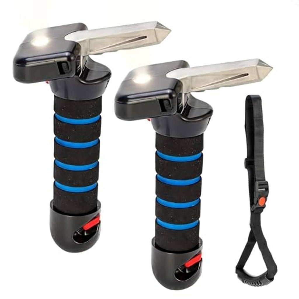 Two blue-and-black car door handle assist handles with adjustable carry strap