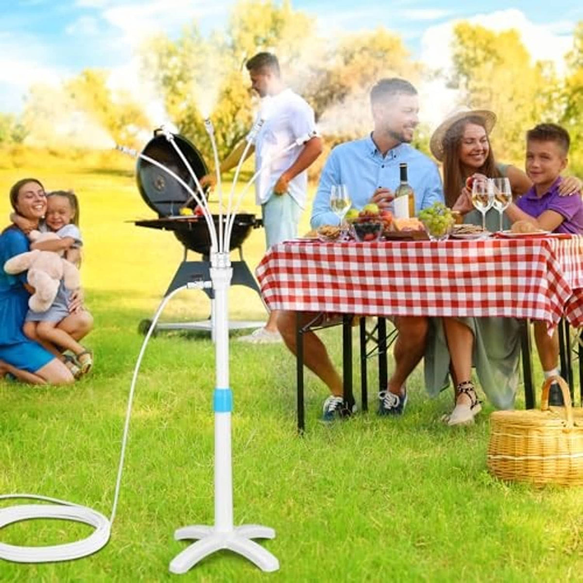 Outdoor patio misting stand with spray nozzles for cooling mist, white and blue