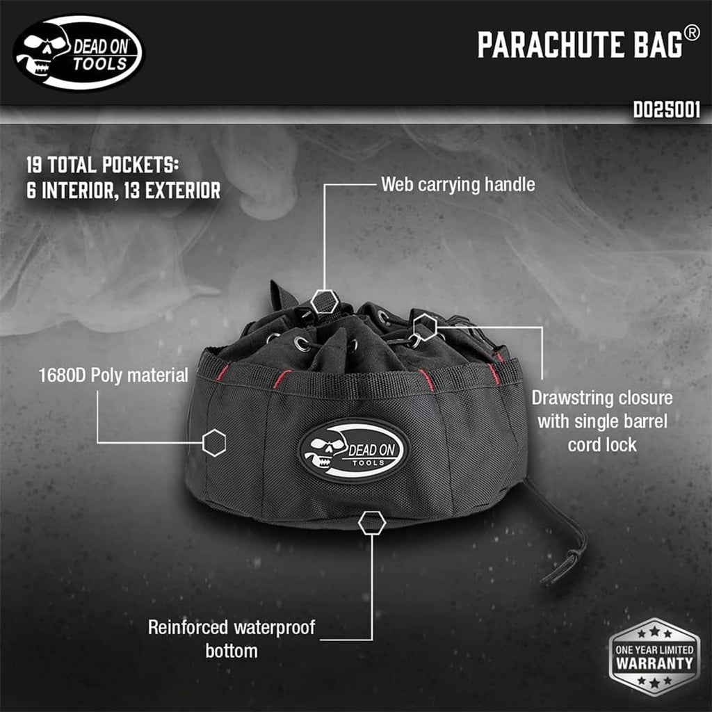 Black parachute bag with web carrying handle, drawstring closure, cord lock