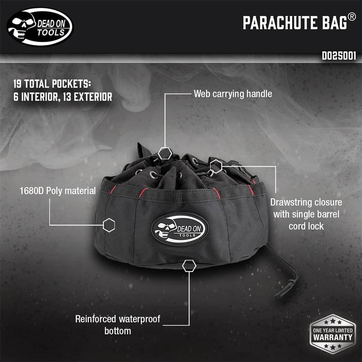Black parachute bag with web carrying handle, drawstring closure, cord lock