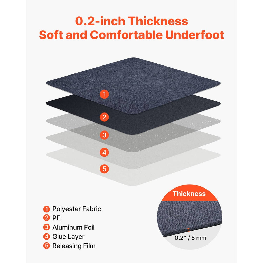 Gray carpet tile stack showing thin layered construction and 0.2 in thickness