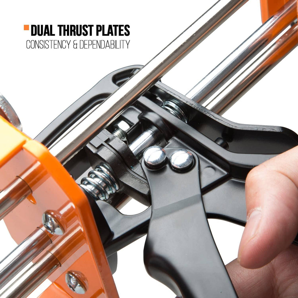 Dual component applicator gun trigger area with dual thrust plates and metal rods