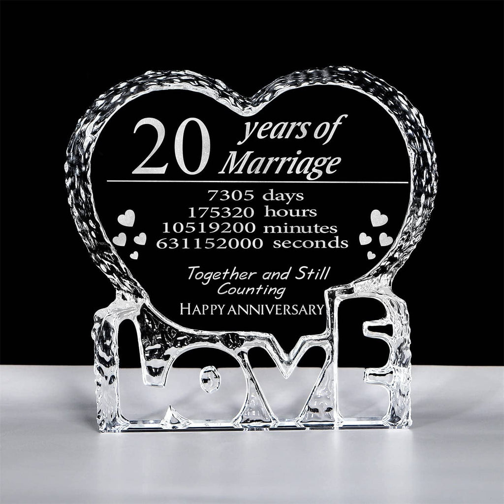Engraved crystal heart keepsake with black panel reading 20 years of Marriage and LOVE