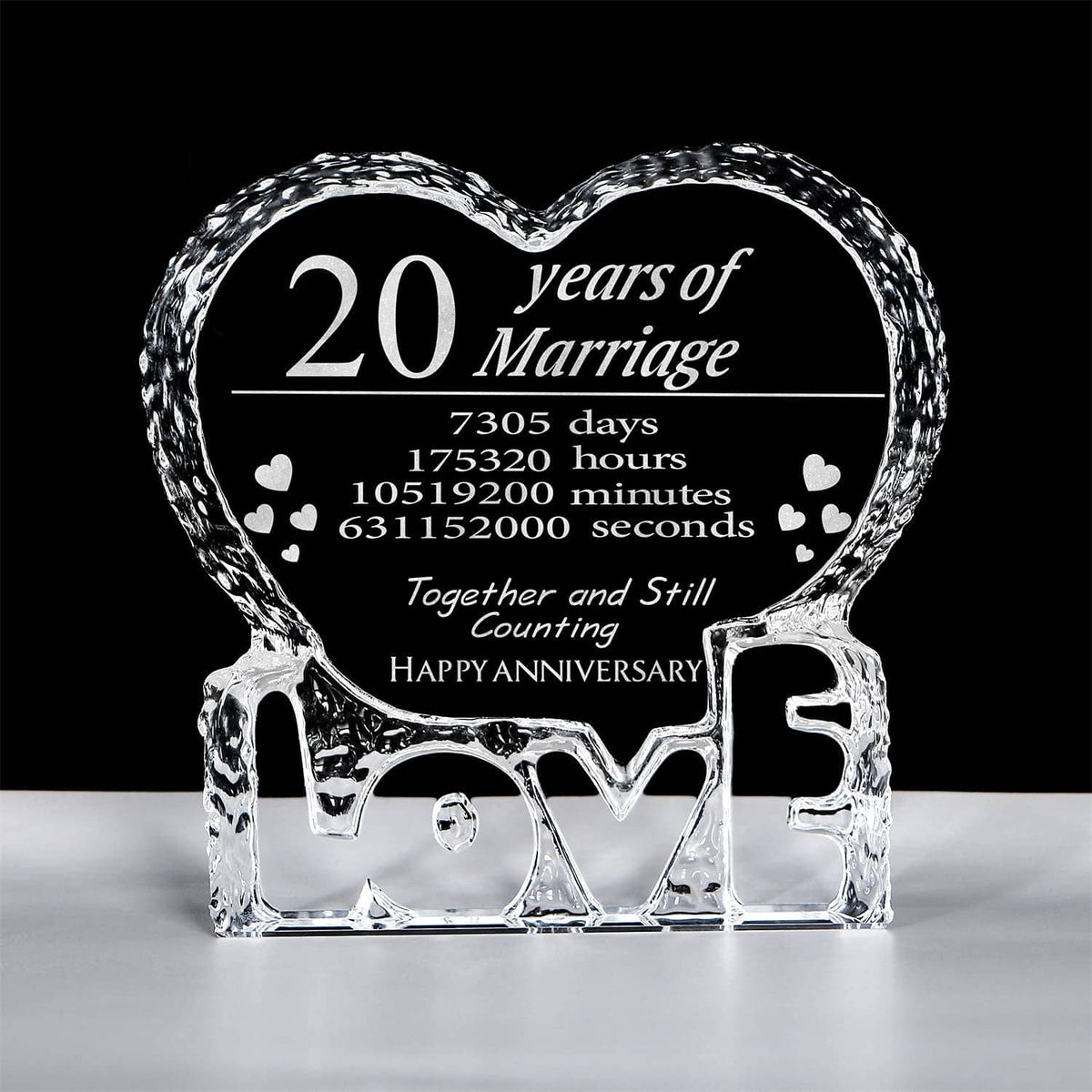 Engraved crystal heart keepsake with black panel reading 20 years of Marriage and LOVE
