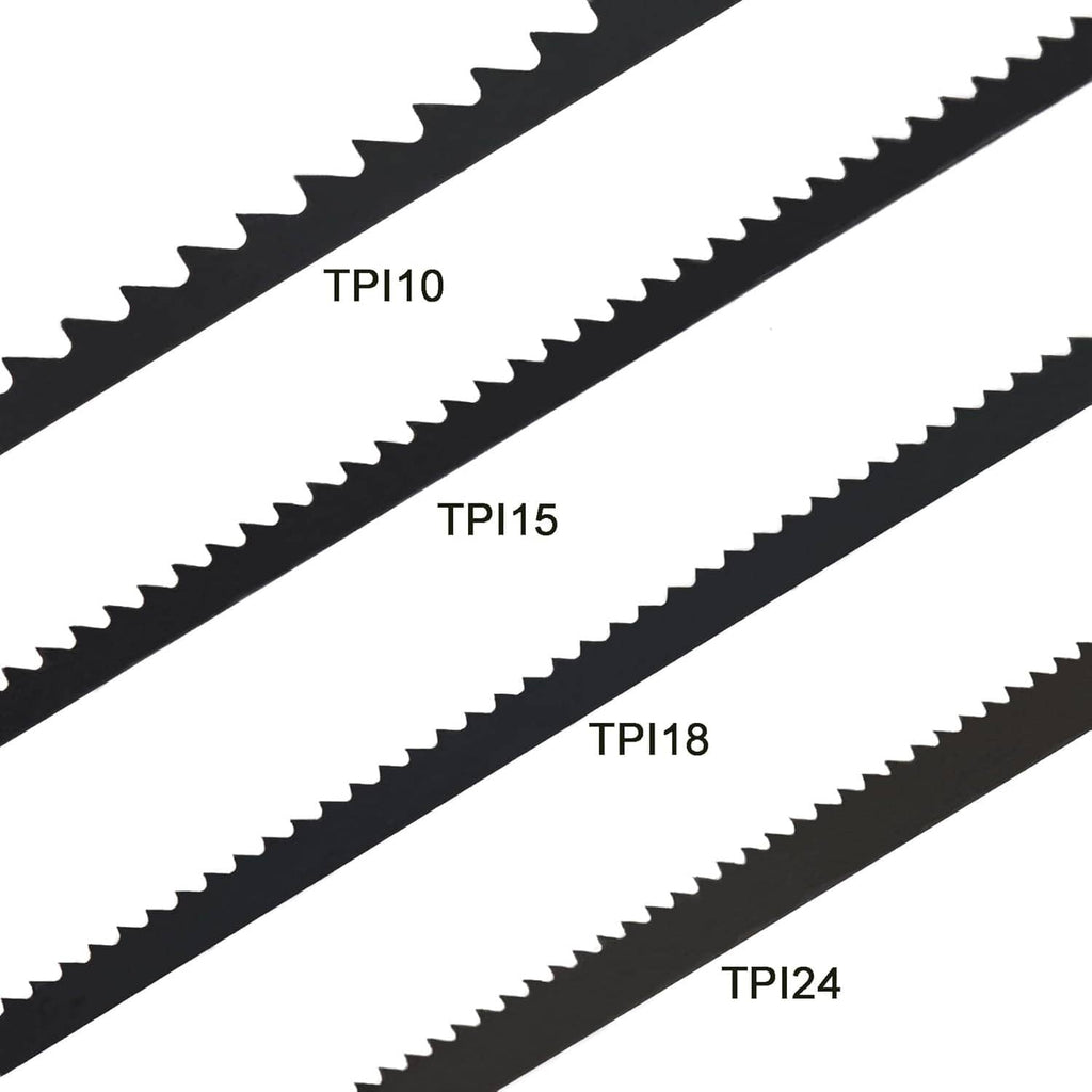 Close-up of black scroll saw blade teeth labeled TPI10, TPI15, TPI18, TPI24