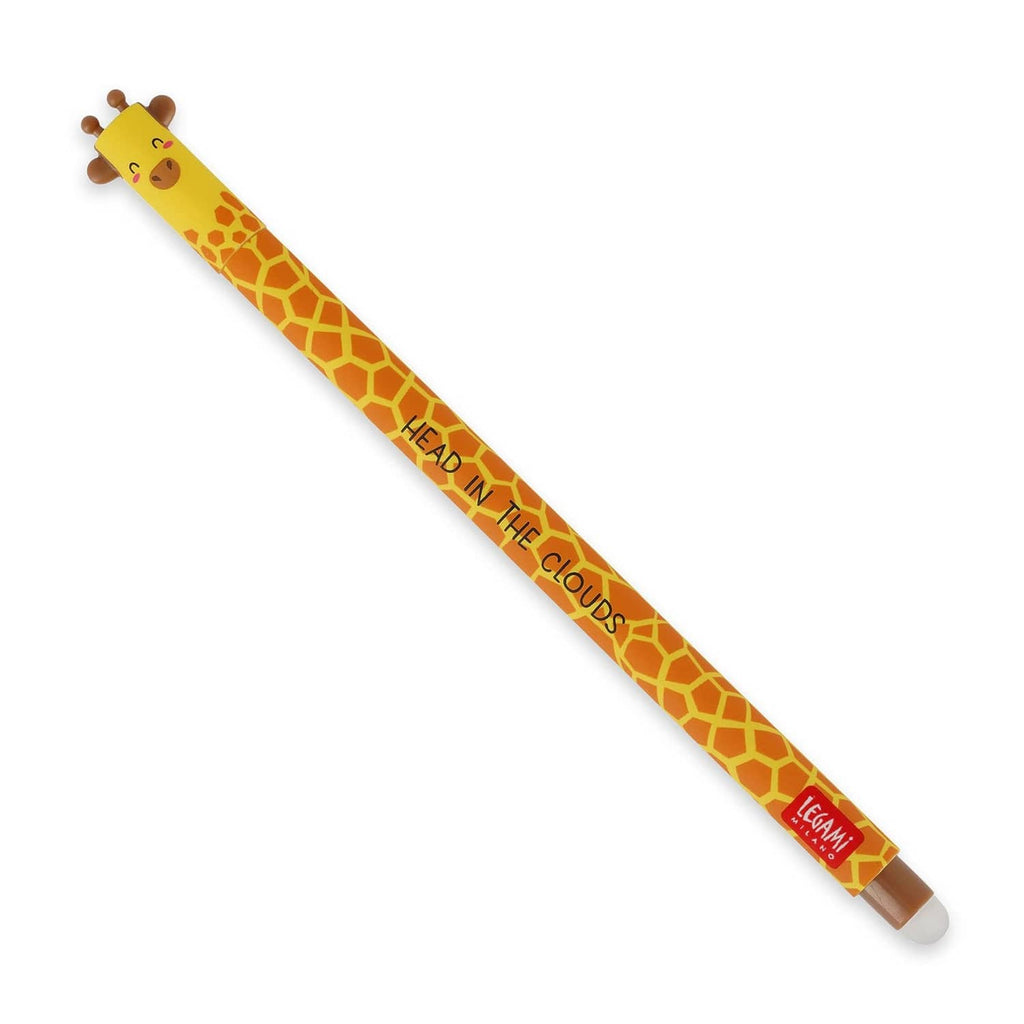 Giraffe-themed erasable gel pen with yellow patterned barrel and gray clicker tip