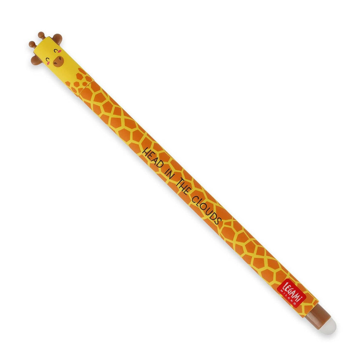 Giraffe-themed erasable gel pen with yellow patterned barrel and gray clicker tip
