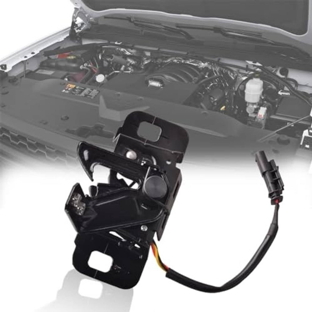 Black hood latch assembly mounted under the engine hood with wiring