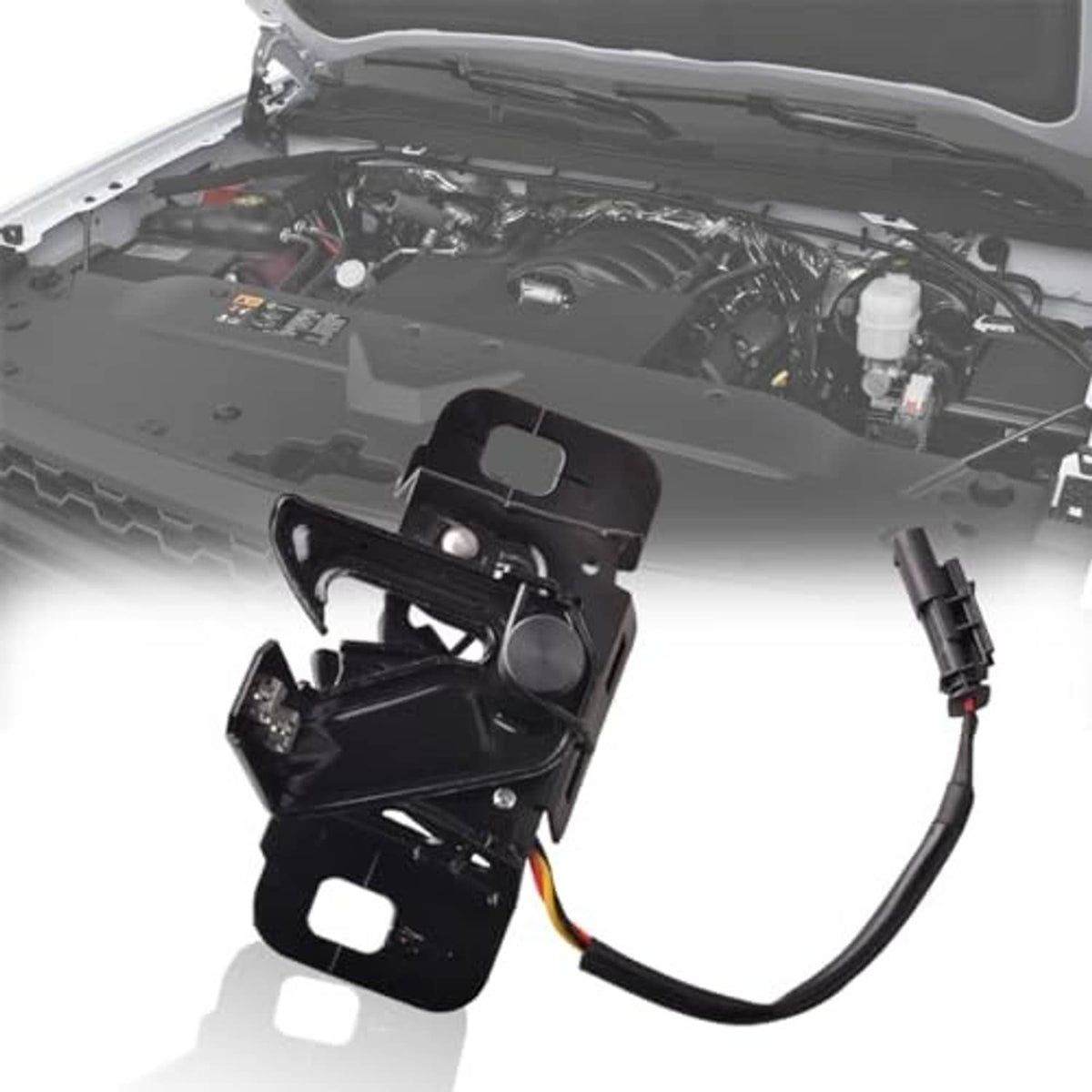 Black hood latch assembly mounted under the engine hood with wiring