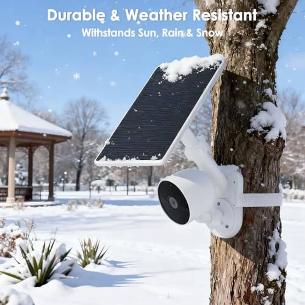 White solar panel security camera mount with camera facing outward
