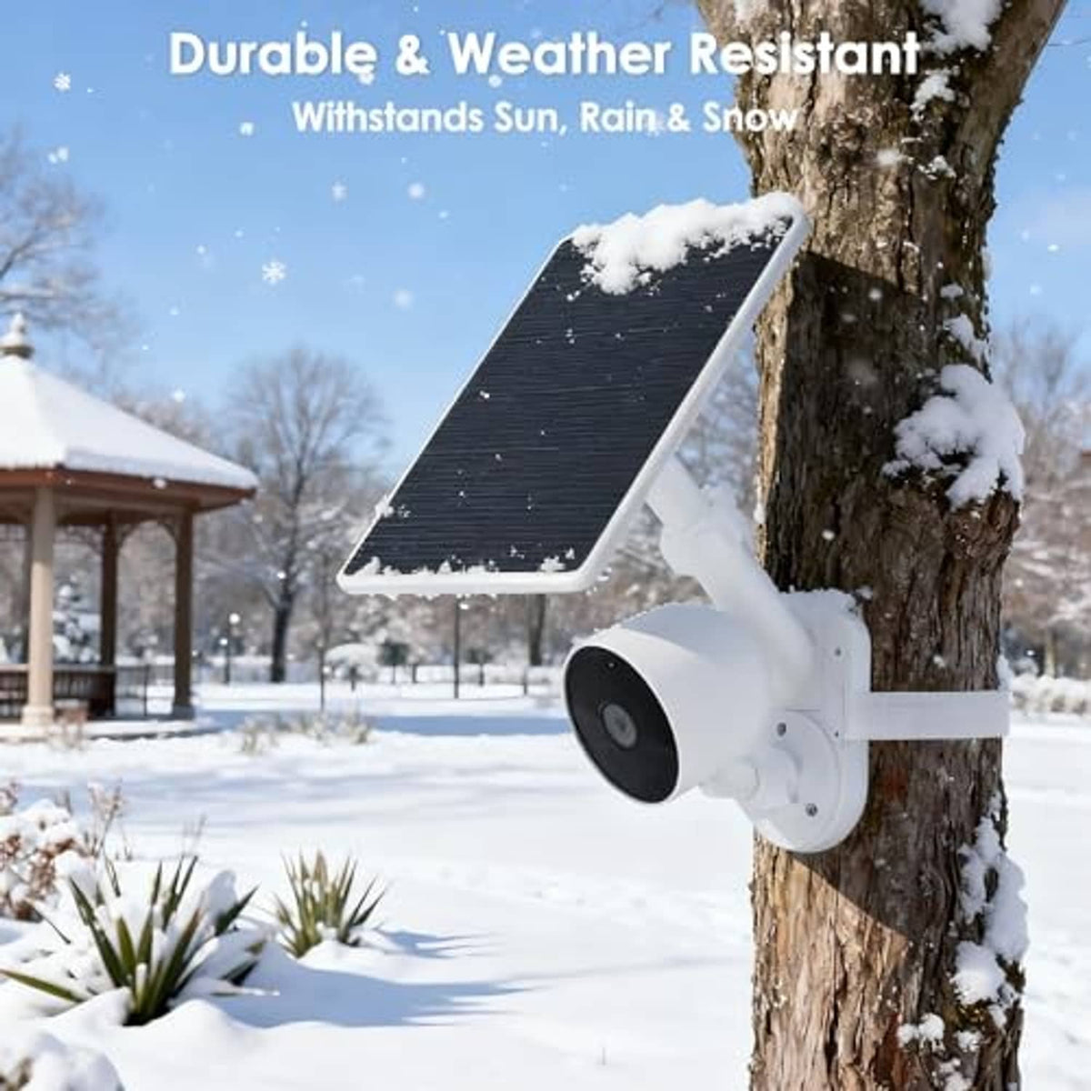 White solar panel security camera mount with camera facing outward