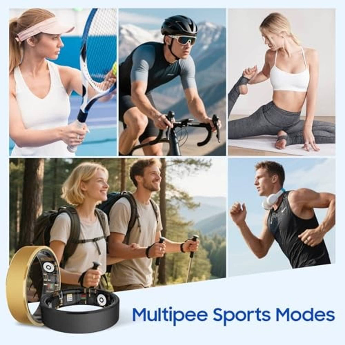 Black smart health ring in charging case shown with sports and daily activity scenes