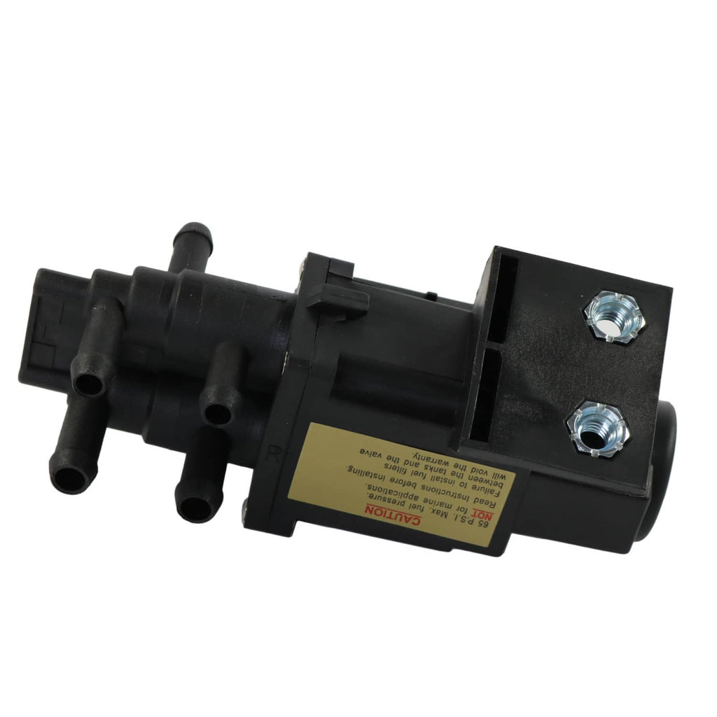 Fuel tank selector valve with warning label and two mounting bolts, black plastic
