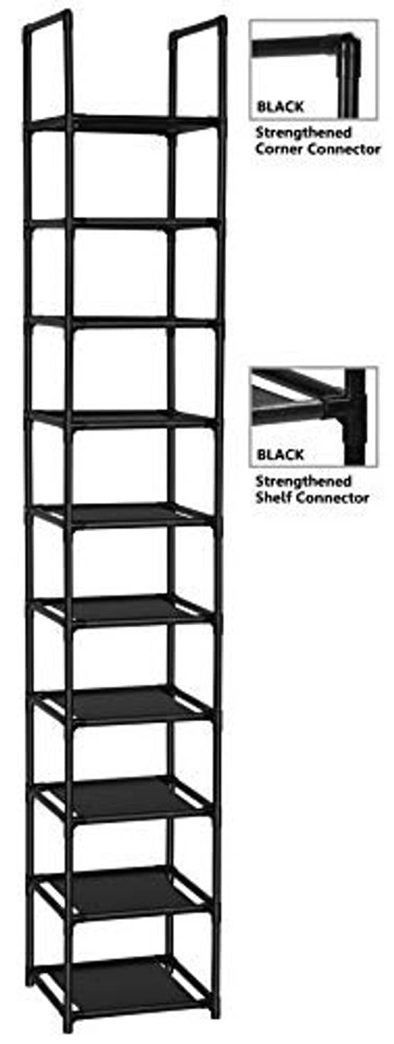 Black vertical corner shoe rack with reinforced shelves and frame, 10 tiers