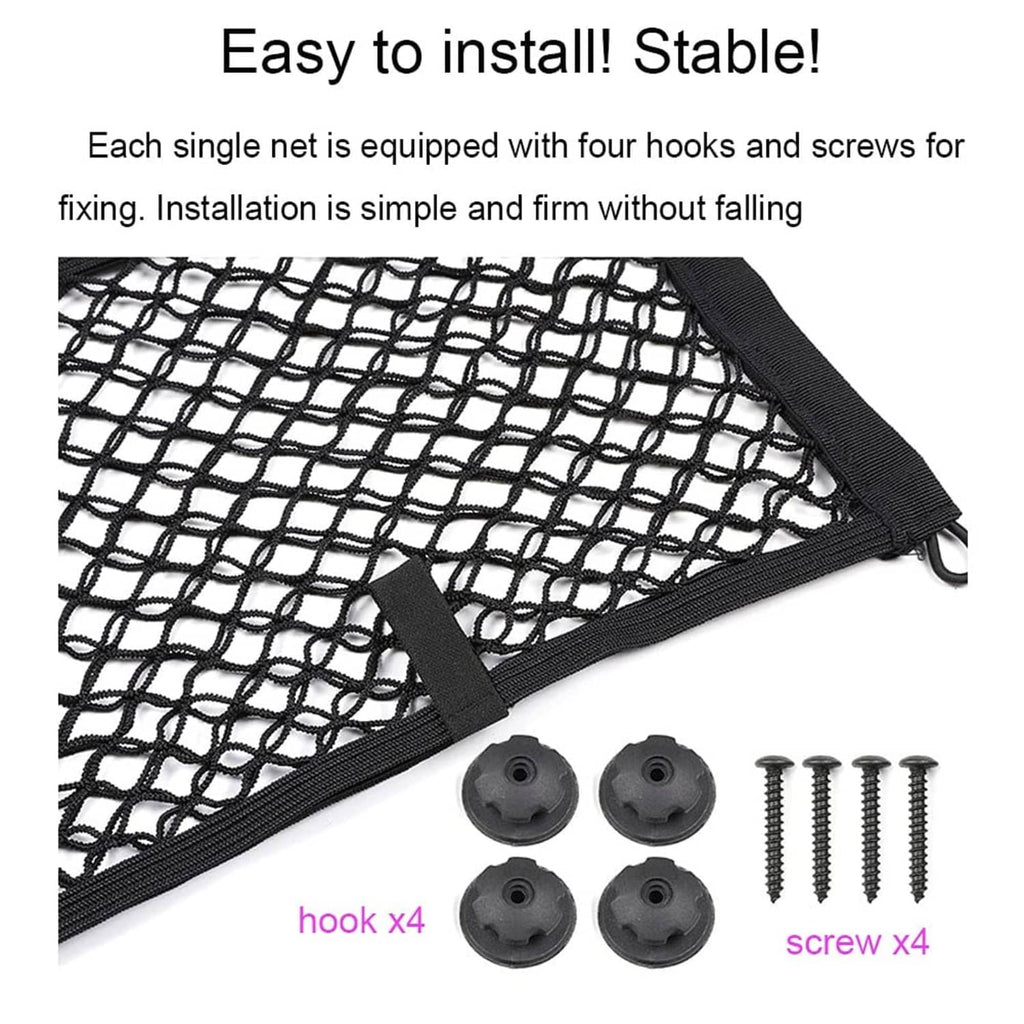 Black cargo net corner with strap, four mounting hooks and screws