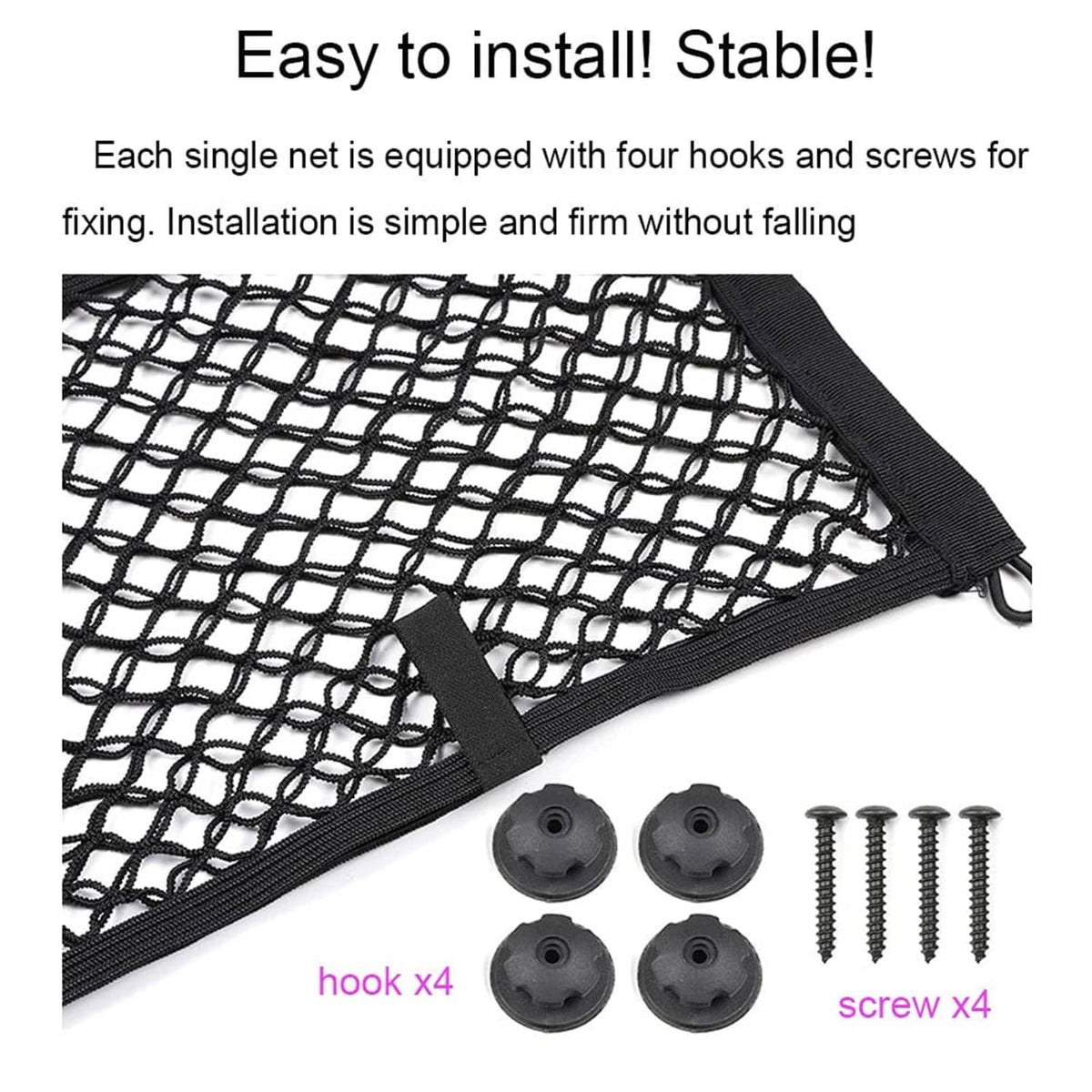 Black cargo net corner with strap, four mounting hooks and screws