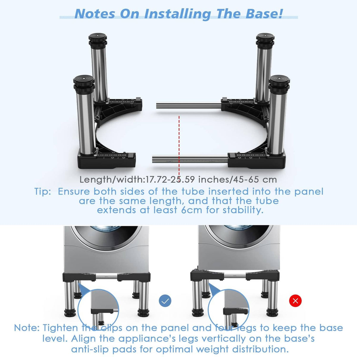 Adjustable stand base with four corner posts and black anti-slip foot pads