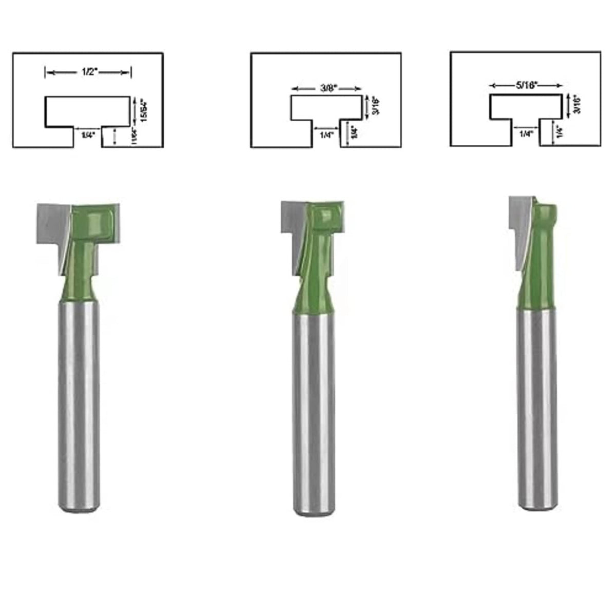 Three keyhole router bits with green cutter heads and silver shanks, varied cutter sizes