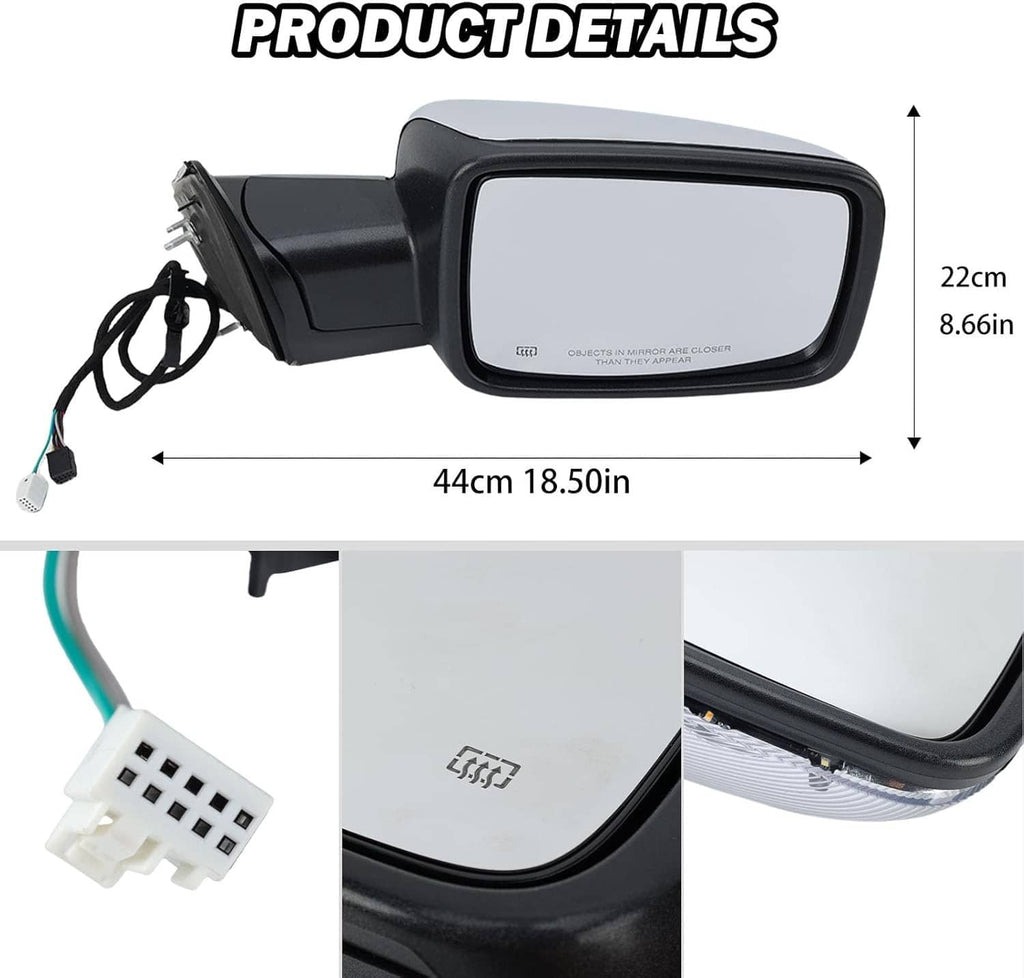 Right heated side mirror with black frame and mounted wiring connector, size shown