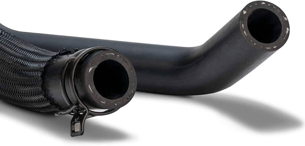 Heater inlet hose control valve end ports with black rubber hose and mesh sleeve