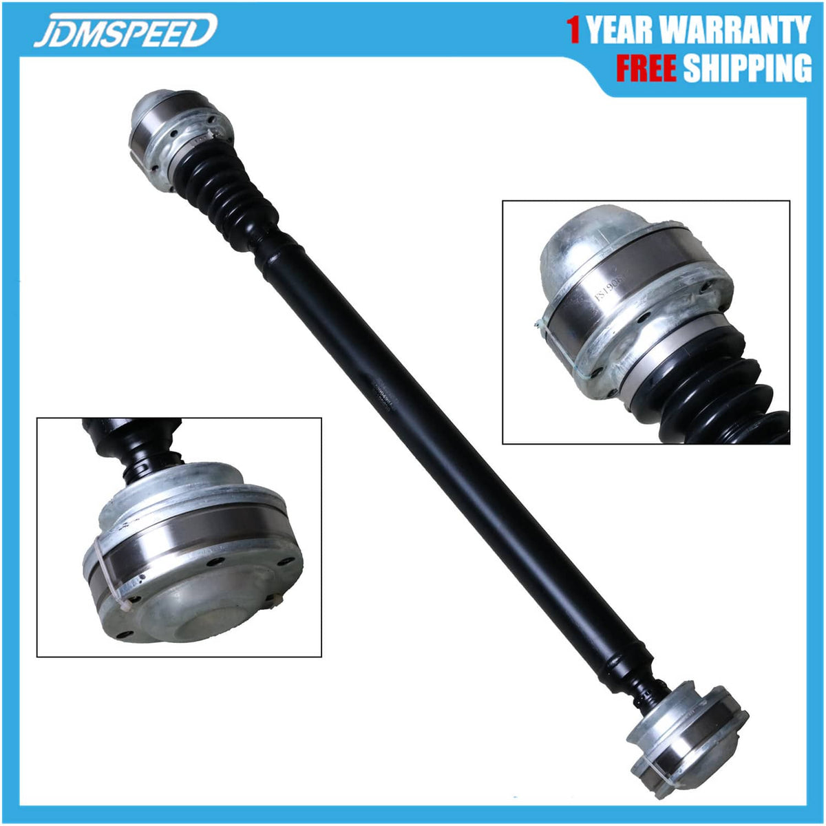 Front drive shaft with black tube and silver end flanges, with rubber boot and joints