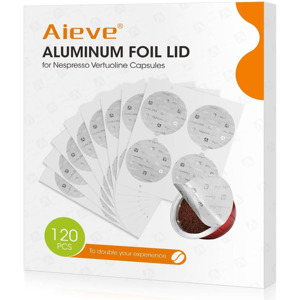 Aluminum foil lid packaging box showing 120 silver round seal lids for VertuoLine