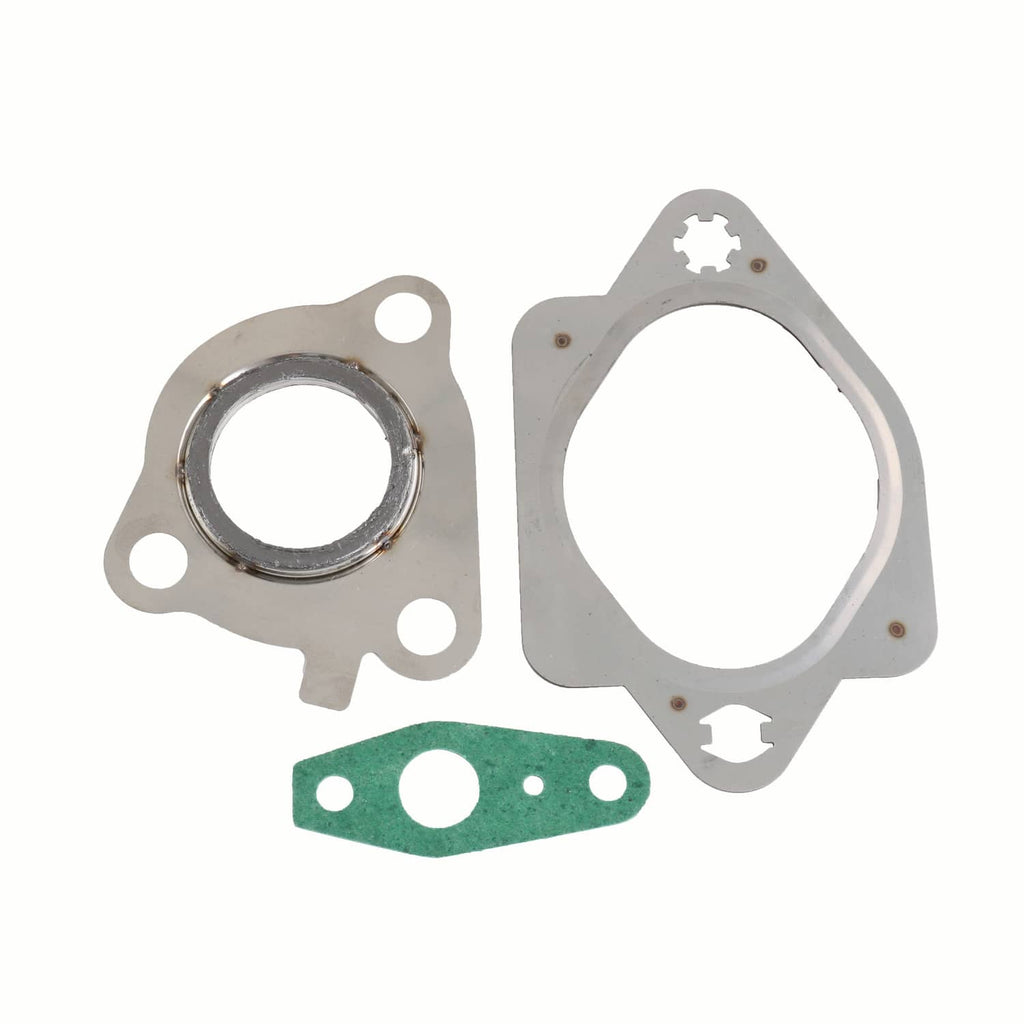 Turbocharger gasket set with two metal flanges and green sealing gasket