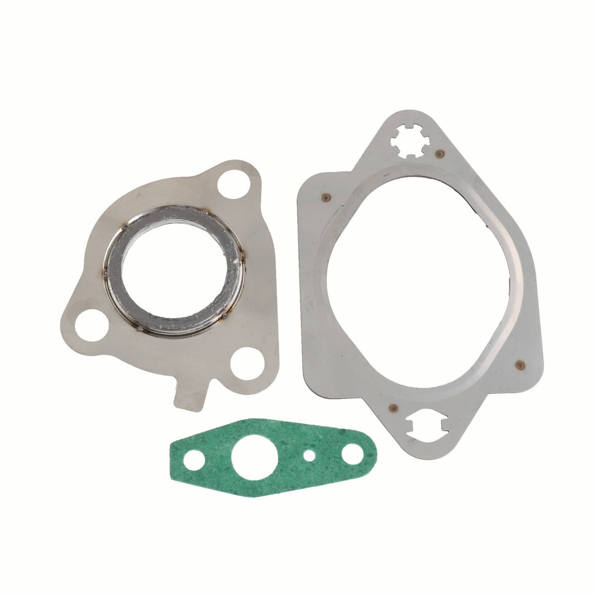 Turbocharger gasket set with two metal flanges and green sealing gasket