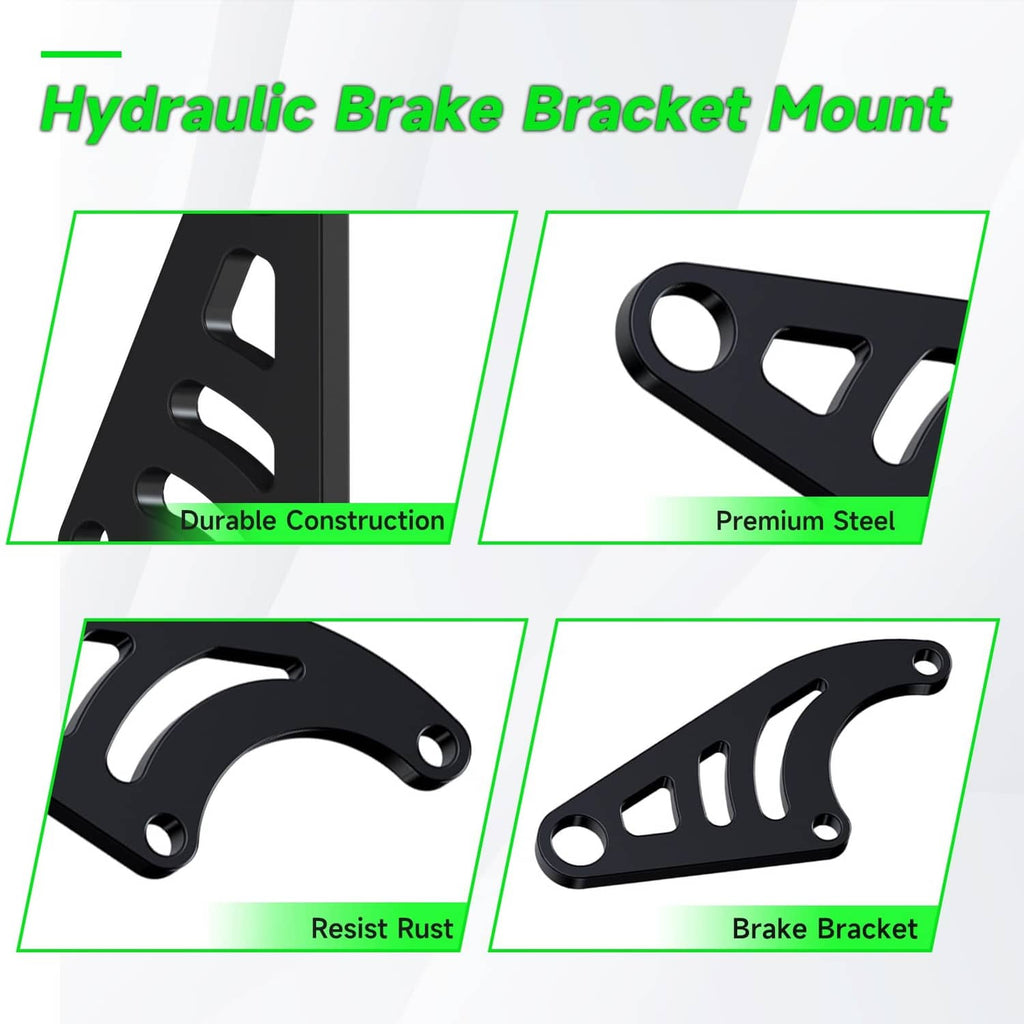 Black steel brake bracket with mounting slots and circular bolt holes