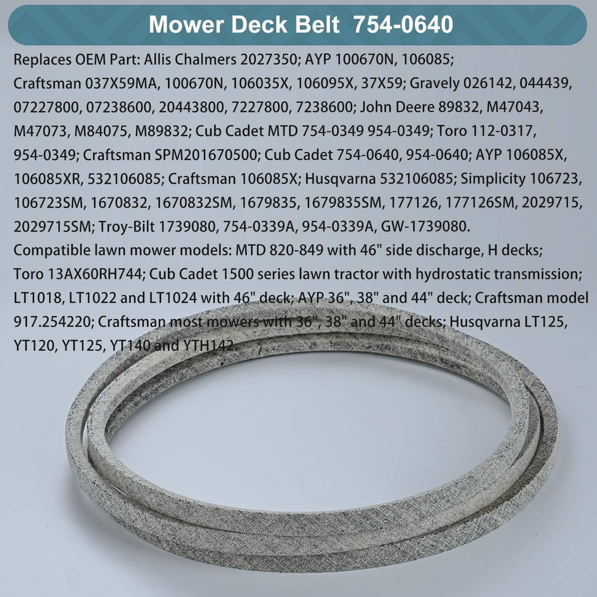 Grey speckled lawn mower deck belt, circular loop