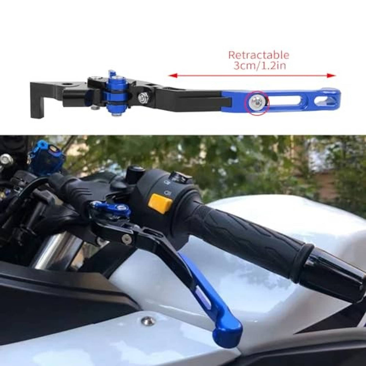 Installed blue and black foldable brake and clutch levers on motorcycle handlebar