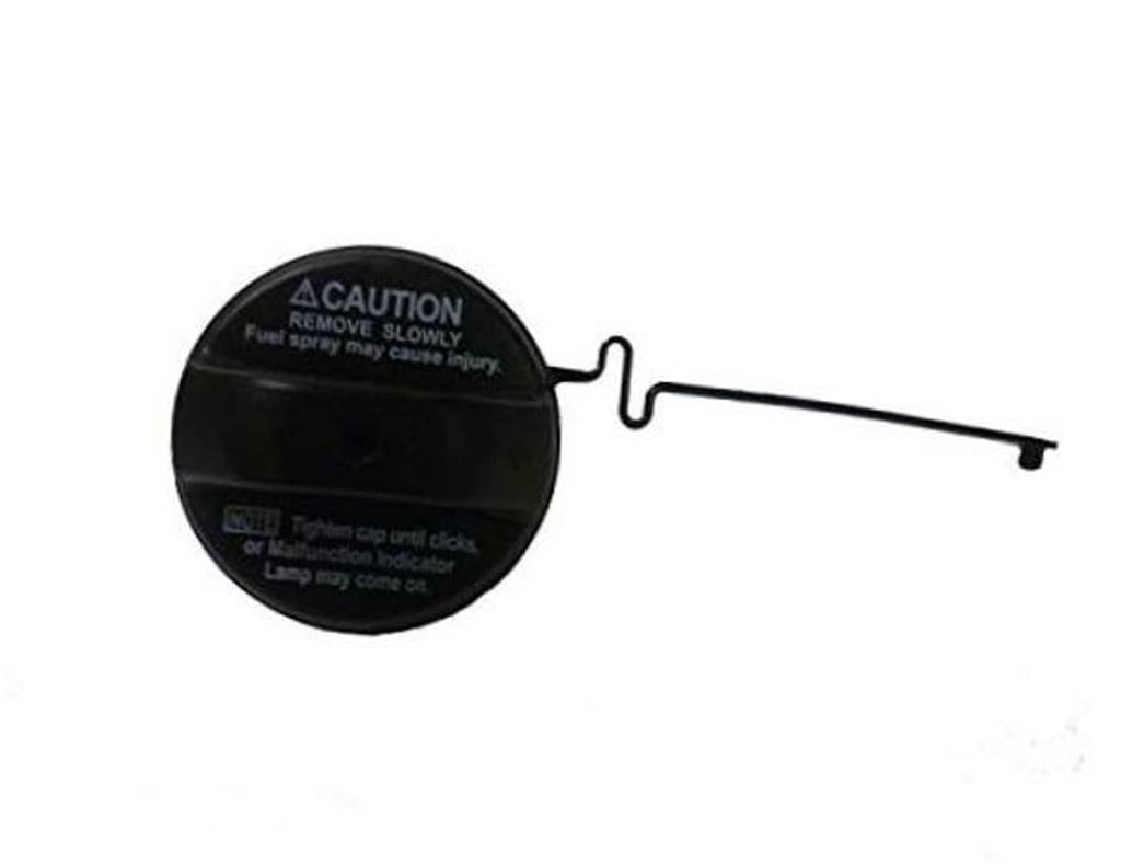 Black fuel cap with warning text and attached metal tether