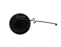 Black fuel cap with warning text and attached metal tether