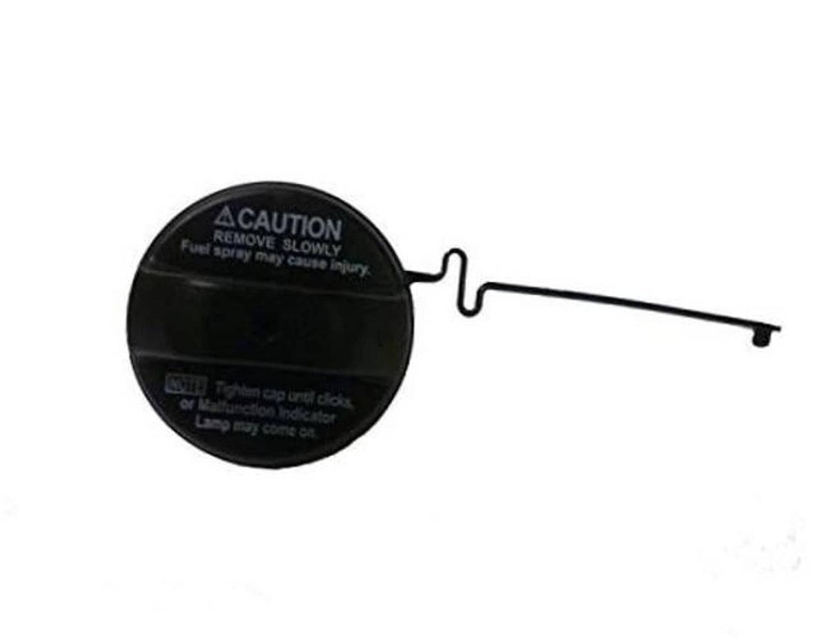 Black fuel cap with warning text and attached metal tether